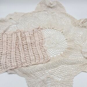 Lot of 2 Handmade Crochet Lace Knit Square Star Doilies Cream White